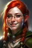 Placeholder: Realistic, happy, young, elf, girl, with bright red hair, freckles, religious cleric, wearing chain mail armor and thick glasses that make her eyes big and pointed ears