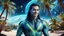 Placeholder: beautiful gorgeous young man na'vi with long hair, Avatar, blue skin, two small ears, green eyes, black hair, in cosmic suit, galactic ambiance, smiling, with spaceship and planets and palm trees and clear crystaline cosmic beach in background