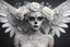 Placeholder: beautifull sugarskull , pretty eyes , big wings, Absolute harmony, ornate pattern, White roses covered with rime, magical, inspired by a fantastical world, crystallized product photography, soft light, volumetric lighting, ultra-detailed photography, grey background, Perfect anatomy. "hibli studio + super high resolution + UHD + HDR + highly detailed + FStop 2. 8 + 150mm lens + high fidelity + studio shot + award winning + ray tracing", epic royal background, big royal uncropped crown, royal jew