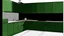 Placeholder: kitchen with dark green furniture, forest wallpaper on a white wall, very realistic