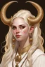 Placeholder: A teenage tiefling woman with a set of ram horns on her head encrusted with jewels, White-Blonde, long hair, dressed in white and gold with lots of jewelry