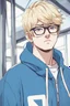 Placeholder: Blonde anime Otaku man in a blue hoodie with glasses