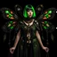 Placeholder: Full body, gothic woman with a bob with a fringe hairstyle, steampunk metal moth wings, green markings, black background