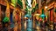 Placeholder: Narrow cobbled street in an old town under heavy rain, a multitude of colorful umbrellas creating a living mosaic, wet reflections on the shiny pavement, traditional facades with wrought iron balconies, puddles reflecting diffused lights, steam rising from the wet asphalt, intimate and cozy atmosphere, urban impressionism style
