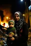 Placeholder: Palestinian girl wears Palestinian keffiyeh Carrying a nude small child ,at witer , Destroyed Buildings , with a Explosions, at night