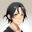 Placeholder: Japanese teenage boy, shoulder length black hair in a low ponytail, honey golden brown eyes, anime style, front facing,