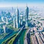 Placeholder: Aerial view of city on a (((twin planet))) of Earth in another galaxy, showing a diverse community. The skyline is dominated by tall skyscrapers with modern futuristic architectural designs, the streets are filled with people from diverse backgrounds. In the distance, a majestic bridge crosses a river and connects the city with a beautiful park on the other side.