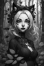 Placeholder: CAT GIRL, goth, forest, nature, cartoon, leaves, black and white hair, boobs, portrait