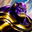 Placeholder: fullbody portrait in oil on canvas of Thanos with Big Golden Hulkbuster armor, intense stare, masterpiece, realistic, intricate detail, sci-fi fantasy style, volumetric lighting, particles, highly detailed ,cinematic , deep colours, 8k, by Kaare Andrew and Robert E Howard and Ken Kelly