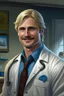 Placeholder: Mid-thirties, Caucasian male doctor, kind smile, blonde hair (slightly disheveled) thick blonde mustache, pale blue eyes, broad shoulders, muscular, six foot, Hawaiian shirt under white lab coat (with blood stains around the edges) , Strong Jaw line, shadowy tendrils,stethoscope draped around neck, photo realistic