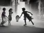 Placeholder: children playing on the indian street capture them against the sun and make an art silhouette, details, sharp, black and white 8k