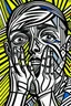 Placeholder: tribal man in grief with hands on face crazy shapes pencil draw style of roy lichtenstein