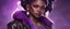 Placeholder: arcane tv show style, league of legends, solo, 1girl, attractive teenager, african, dark skin, dark-brown eyes, black hair, pair buns, (violet strand in forehead bang), necklace, earrings, modern makeup, (detailed skin texture), old leather jacket with violet fur collar, oversized torn t-shirt with half-erased unknown music group logo, You can see through the wide holes in the t-shirt her acid-green sport top, dark background, bokeh, cinematic atmosphere