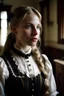 Placeholder: Photo is in sharp focus with high resolution during the middle of day and is a photo of a beautiful and slender caucasian 19 year old woman with long blonde hair. She has a small upturned nose, full lips, and dark eyes with long eyelashes. She is wearing a victorian maid's uniform. She is in a bedroom of a victorian house gazing at the viewer.