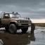 Placeholder: hyperrealistic shot, muddy military toy truck, monotone color palette, sharp focus, puddle reflection, tire water splash, refraction, mist on the horizon, shadowcast, detailed and intricate, cinematic composition, micro, tilt shift photography