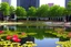 Placeholder: Modern city, people, pond, flowers