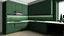 Placeholder: kitchen with dark green furniture, forest wallpaper on a white wall, on the left side next to the window there is a microwave and oven installed in the furniture, and on the right side 5 cm from the induction hob and a kitchen hood above it,