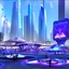 Placeholder: A group of people gather in a futuristic plaza, surrounded by towering skyscrapers and holographic advertisements. The plaza is filled with blue and purple light, and flying vehicles can be seen in the background.