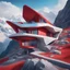 Placeholder: Aerial view Zaha Hadid style mountain hut, digital art, hyper-detailed, red and blue colors, 8k oil painting