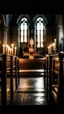 Placeholder: a rear view of a handicapped man sitting on a bench in the church facing a Jesus on the cross and candles, show from the back