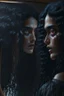 Placeholder: Close up of a beautiful woman with long curly black hair looking at a mirror but her reflection in the mirror is a dark demon with intense scary eyes. Super realistic, 8k high quality