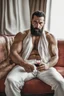 Placeholder: photorealistic half figure shot photography of an ugly 30 year old italian boxer with big broken nose, beefy masculine rude man, very long muslim black beard, shirtless, manly chest, big shoulders, side light, ambient occlusion, sitting on a sofa with bulging white pants, drinking red wine, sun from window, emotive expression, shaved hair