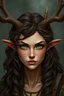 Placeholder: A female fantasy druid with antlers, olive toned skin, long brown curly hair, green eyes, Quirky face, Realistic style