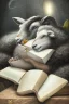 Placeholder: one black sheep reads a book on other site white sheep herd sleep