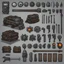 Placeholder: Sprite sheet, tools, gear, icons, survival game, gray background, comic book,