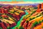Placeholder: create a panoramic landscape of a deeply eroded southwestern river canyon in the fauvist art style of Andre Derain, highly detailed, 4k,