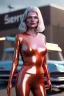 Placeholder: Ultra Realistic retro sci-fi, Supermarket parking scene, 1960 year, blonde woman, sweet young Kate moss face, x ray lights eyes, face makeup, tight latex coat, levitating cars, many panic people, Retro sci-fi style, soft color, highly detailed, unreal engine 5, ray tracing, RTX, lumen lighting, ultra detail, volumetric lighting, 3d, finely drawn, high definition, high resolution.