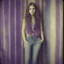 Placeholder: Hippie girl, jeans, purple fur, striped wallpaper, old autochrome