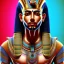 Placeholder: 3D close-up of a Egyptian king Ramses, high contrast, glowing backlighting, blue and red backlighting, vibrant hair, dark brown eyes, sharp focus, face painting, background blur.