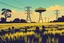 Placeholder: bumper sticker design in long rectangle, westall in bold heading text ufo 1966, lots of school children looking up in a field with high voltage powerline and gumtree's, mysterious cool, bold