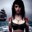 Placeholder: illustrator, hyper realistic, young spanish pirate girl, short hair.lips red smiling. tatoos on neck. dressed in leather and carved bra. Many pirate ships in background. black flags. high details, thunderstorm. 4k, unreal engine, misty, tintoretto