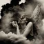 Placeholder: woman sitting forward Her face upward and blows cigarette smoke from their mouth upward. a figure with wings emerging from its back. behind the clouds of smoke look death. dark and mysterious