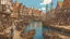 Placeholder: gothic medieval wooden harbour with piers and ships, people, shops, bridges, arches, balconies, taverns, blue sky