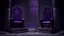 Placeholder: Two tall thrones made of stone with a deep purple cushion rest on a stone dais within a dim room carved out of stone.