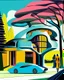 Placeholder: Cartoon of a modern country house, (((Zaha Hadid))) style, trees, two people, car next to it. Complementary colors. 3D