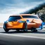 Placeholder: award winning car and driver photograph of a futuristic station wagon mech hybrid designed by only one vehicle per image painted metallic orange traveling at a high rate of speed, jet intake off of front center of vehicle and jet exhaust out the rear with bright blue flame, bilaterally symetrical, more a high speed road vehicle