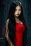 Placeholder: Beautiful Japanese woman, very long black hair, funny, red lips, black eyes, nice body, big bubs, dressing a vinil red skinny dress, with dark and gloomy technological background, high image quality, good understanding of artificial intelligence to create the image.