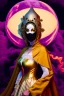 Placeholder: Planet Venus portrayed as a masked woman wearing medieval robes, her mask is smooth and beautiful, her sihlouette is engulfed in sulfuric vapor and translucid fire