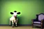 Placeholder: A cow sitting on an armchair in large dark green field , soft colors. Photorealistic