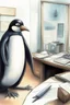 Placeholder: a penguin is an investor in 1990 office, is a slave owner, people are scared, watercolor. phone talk.