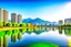 Placeholder: Sunny day, distant modern city, lake, lake reflections, people, mountains