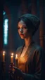 Placeholder: Shi Fi, a beautiful Russian woman in the temple holding a candle, atmospheric lighting effects, intricate industrial details, moody atmosphere, eerie grimdark ambiance, complex motherboard accents, speculative fiction art. Bokeh