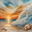 Placeholder: Alcohol ink art with thin black and gold lines at boundaries. Hyper realism, Fantasy, Surrealism, HD, Detailed. Centered. Shades of white, gold, red, and light blue. A beach with fine sand. Very large sun rise on horizon. Reflection. Waves splashing in the night. Seashells. The sky filled with the morning colors of sunrise.