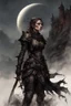 Placeholder: A formidable warrior girl in black armor, against the background of an amazing gloomy landscape, flooded with the light of two moons, mountains, trees, a fabulous scary landscape, juicy emotions, painting, dark fantasy, gloomy day, dark world, portrait, Gothic Town At Night, Fantasy, Intricate Details, Castle Courtyard Gardens, Hyper Detailed, Jean Baptiste Monge, Carne Griffiths, Michael Garmash, Seb Mckinnon, Masterpiece