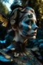 Placeholder: Black baroque light blue gradient butterfly dress ona woman portrait, baroque style, garden background golden organic bio spinal ribbed detail of dust makeup on face extremly textured hyperrealistic maximálist ornate conceptart