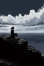 Placeholder: Ilustration of a woman sitting on the edge of a cliff, with a dark and cloudy sky in the background